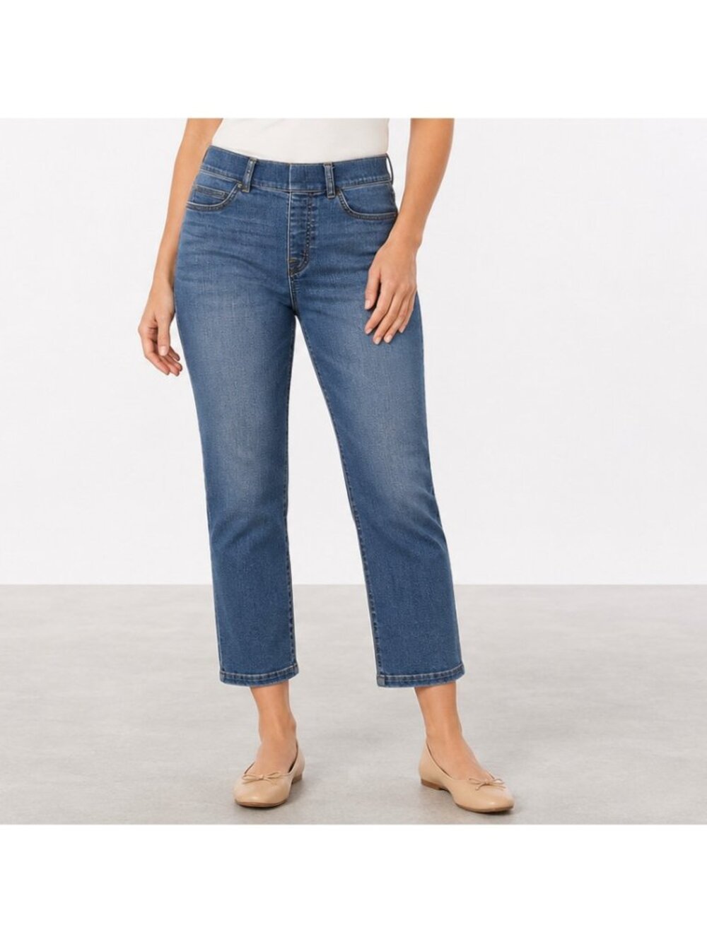 SPANX Jeans Womens Petite M Ankle Crop Straight Leg Blue Denim Pull On Stretch